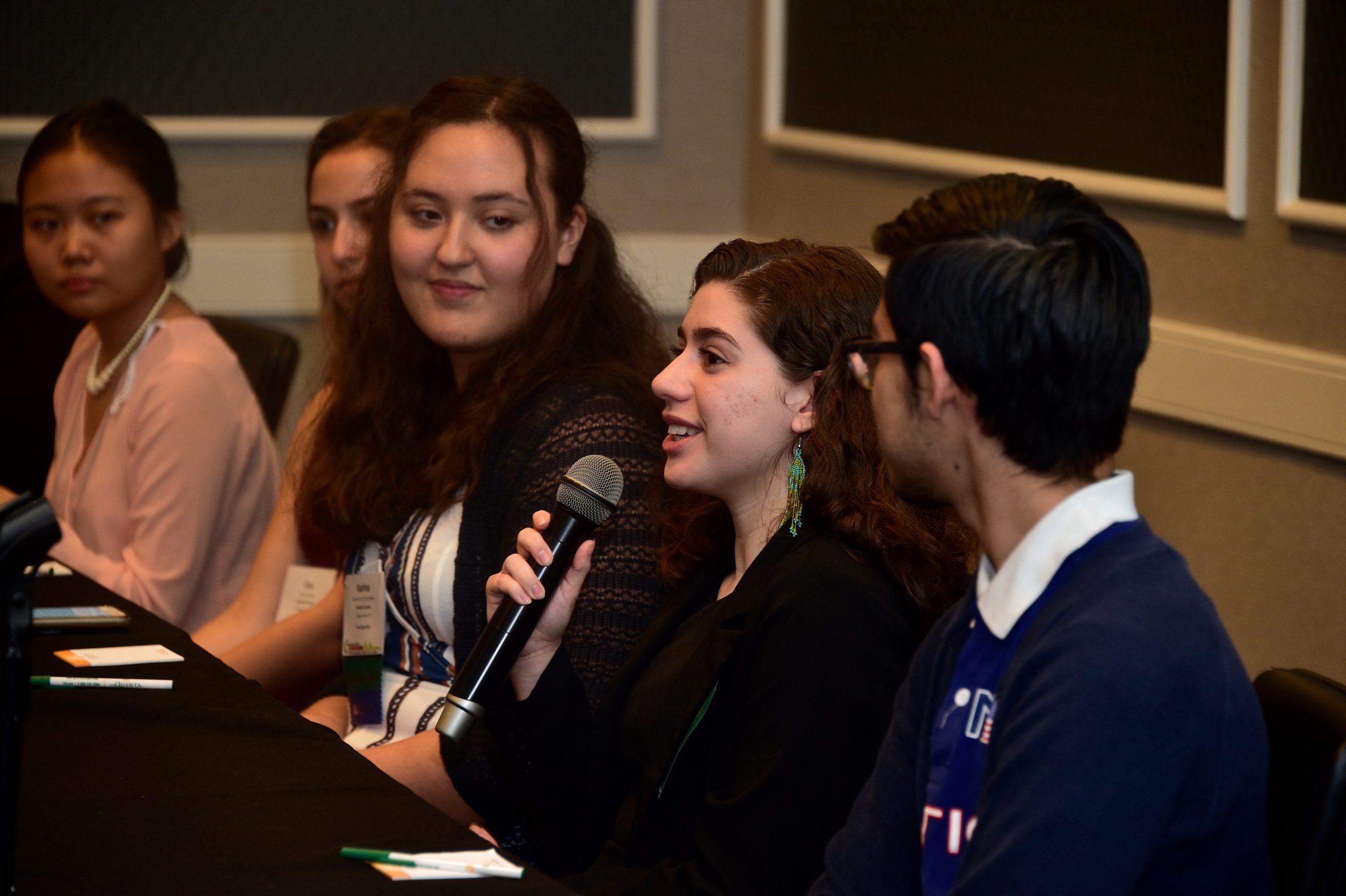 Panel of youth in professional clothing speaking at a conference