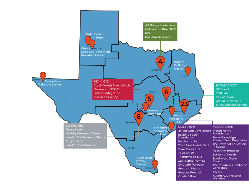 Map of Texas with pins for each Community Partner location