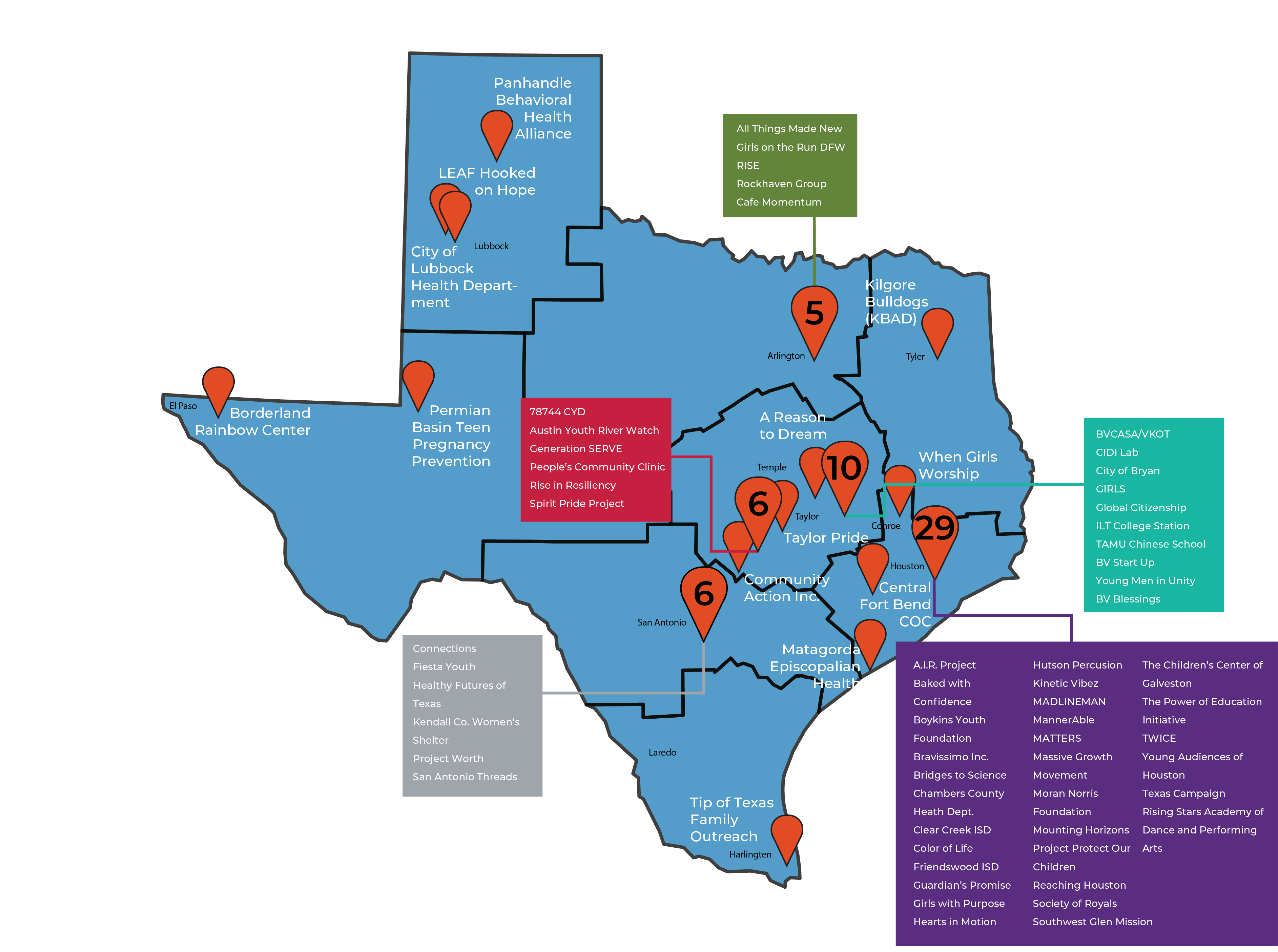 Map of Texas with pins for each Community Partner location