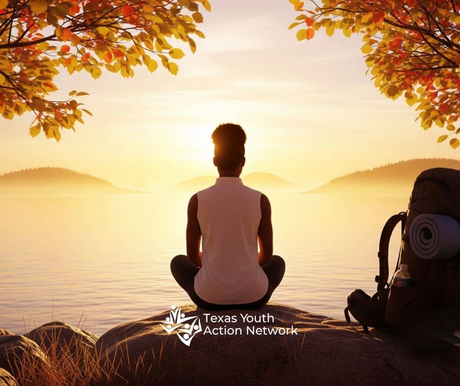 As the sun dipped low over the calm lake, a young traveler paused on the rugged shoreline, embraced by the fiery tones of fall. Their backpack lay beside them, a quiet witness to the miles already walked. In the stillness, the water became a mirror—reflecting hills, sky, and the quiet strength of someone finding clarity in nature’s embrace. Nearby, the Texas Youth Action Network emblem whispered of purpose and belonging, anchoring this moment of reflection in a larger journey of growth.
