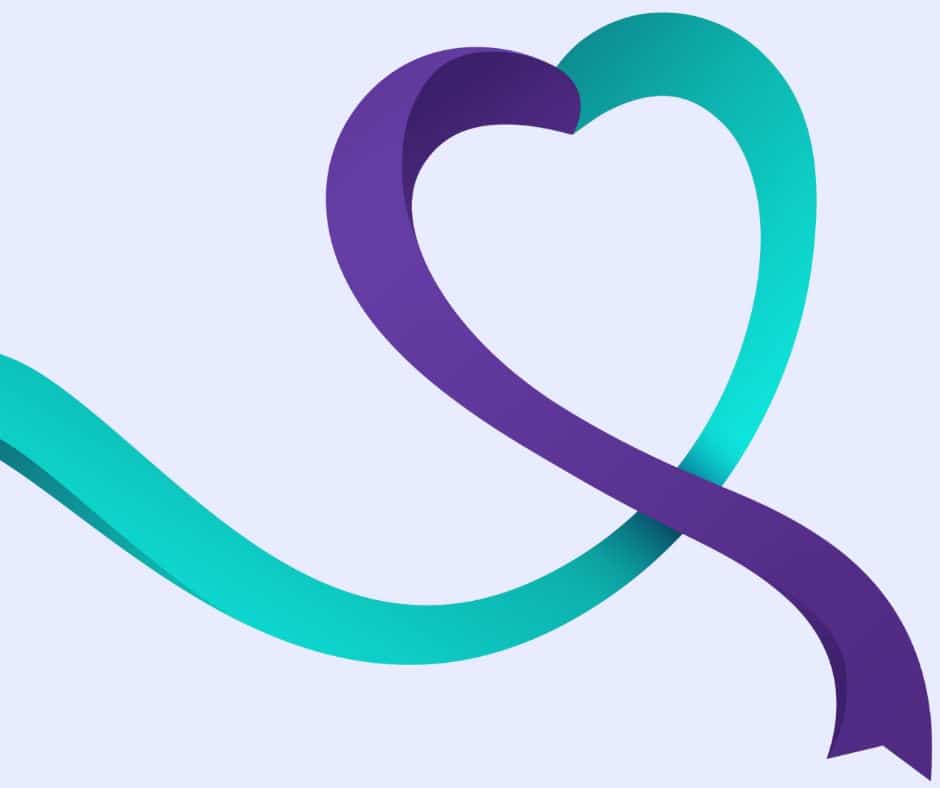 The dark purple and teal Suicide Awareness Ribbon stretches across a light purple backdrop in the shape of a heart.